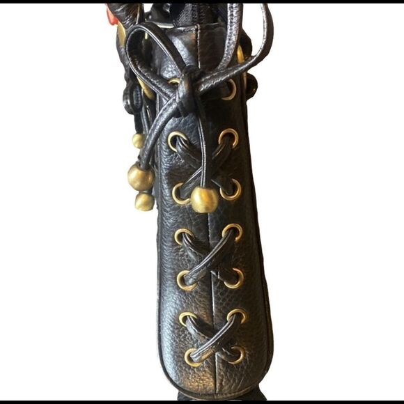 Watersun Australia nwt black leather tote laced up w gold hardware edgy moto - Picture 6 of 9